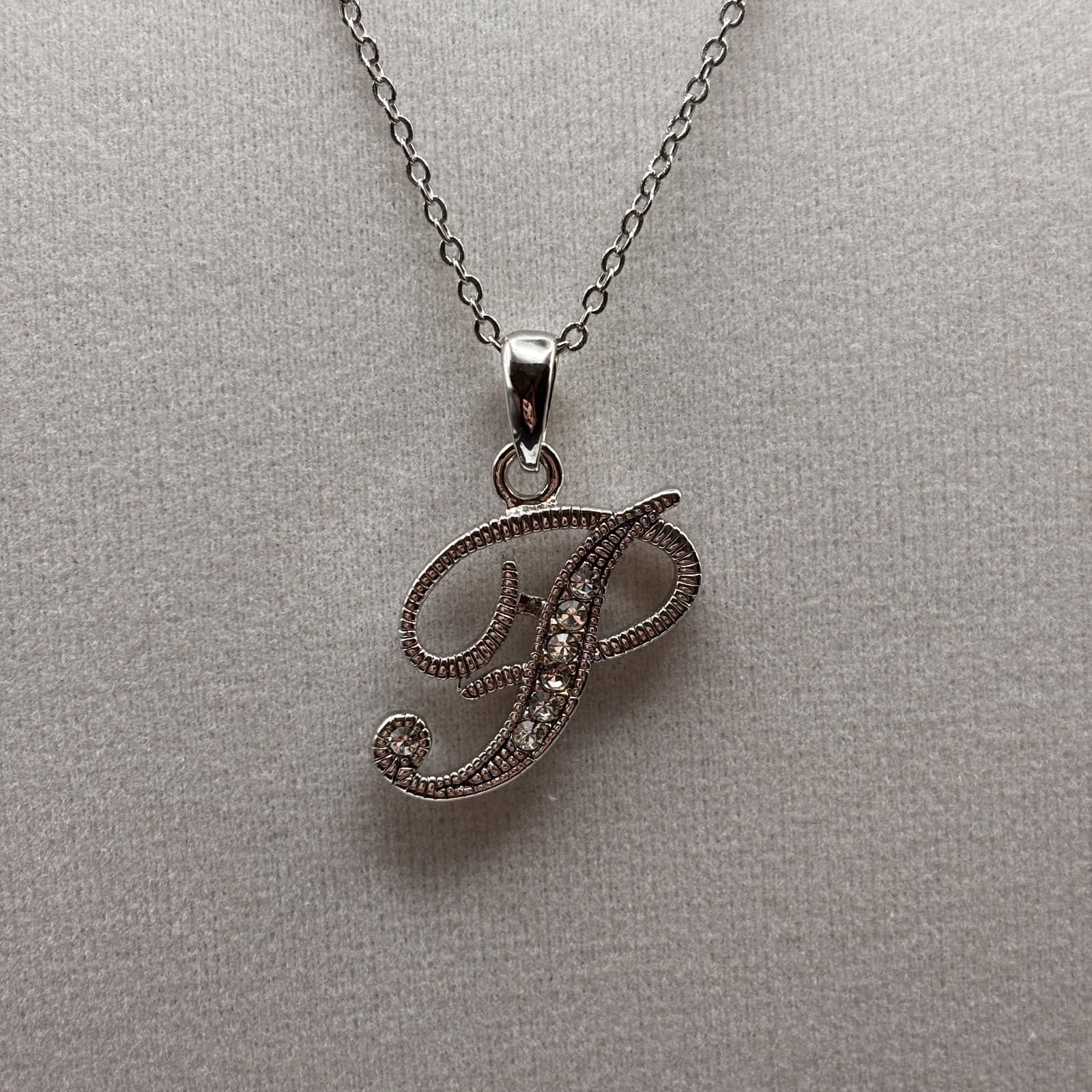 Vintage Initial P Pendant Necklace Clear Rhinestone Script Silver Tone Chain - Thumbnail 2