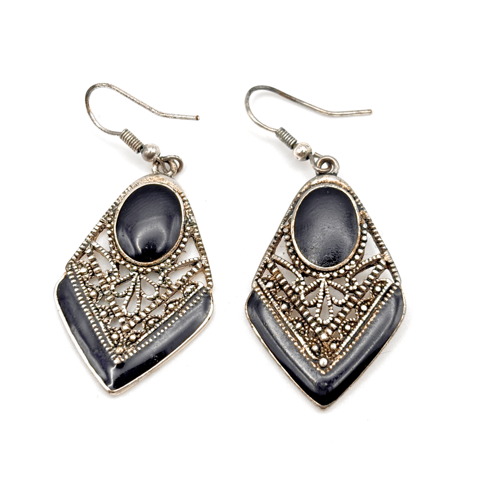 Vintage Y2K Silver Tone Black Enamel Drop Women's Dangle Earrings Filigree Boho