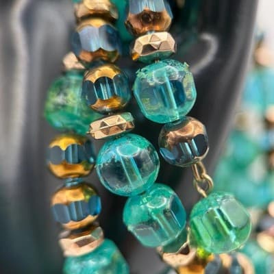 Vintage Vibrant Beaded Bracelet in Aqua and Gold Trendy Statement Jewelry 7'' - Thumbnail 2