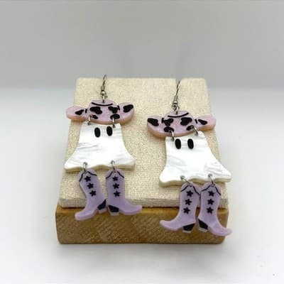 Vintage Acrylic Ghost Shaped Cowgirl Earrings Purple Cowboy Boots Trendy Kitsch