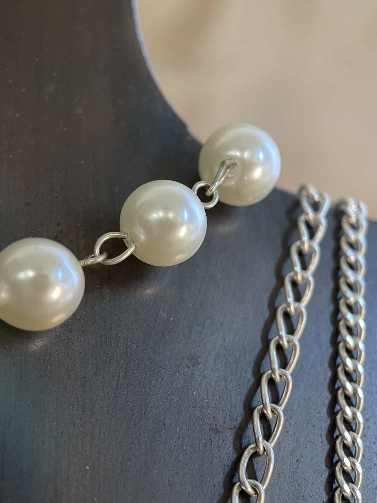 Vintage Multi-Layered Chain Necklace Faux Pearl Silver Tone White Stones - Thumbnail 5