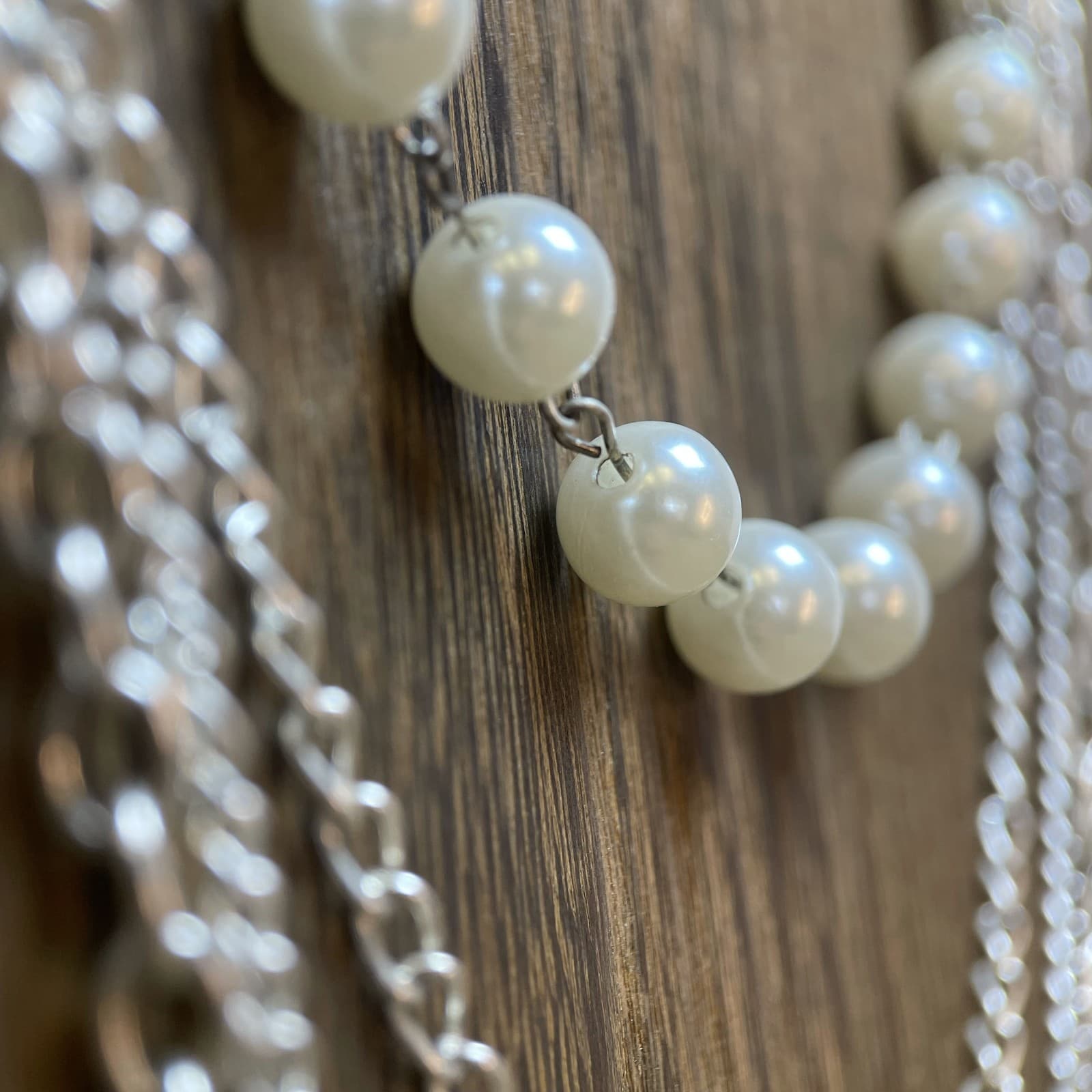 Vintage Multi-Layered Chain Necklace Faux Pearl Silver Tone White Stones - Thumbnail 3
