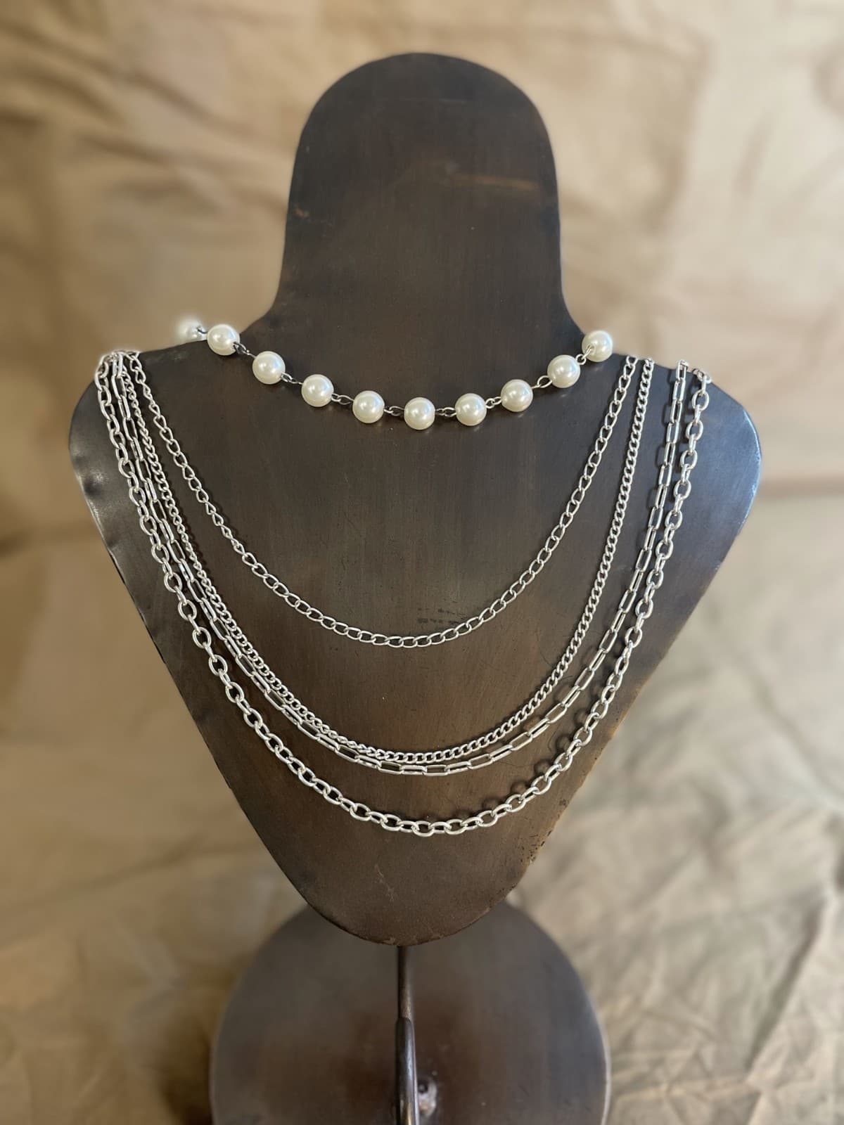 Vintage Multi-Layered Chain Necklace Faux Pearl Silver Tone White Stones