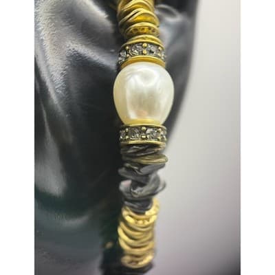 Vintage Gold Black Pearl Beaded Bracelet Rhinestone Accents Elegant Boho Y2K 90s - Thumbnail 2