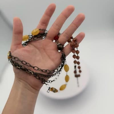 Vintage Bohemian Multi Strand Necklace Brass Beads Chains Red Accents Handmade - Thumbnail 6