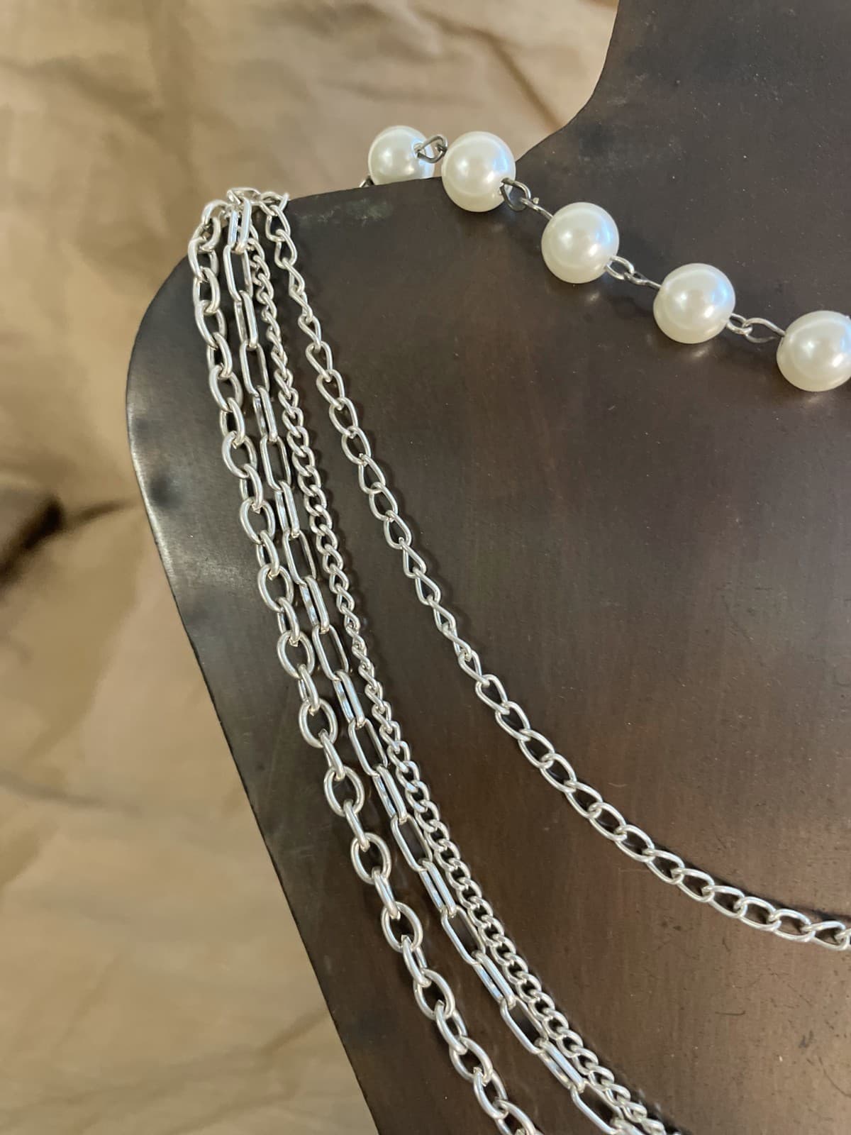 Vintage Multi-Layered Chain Necklace Faux Pearl Silver Tone White Stones - Thumbnail 4