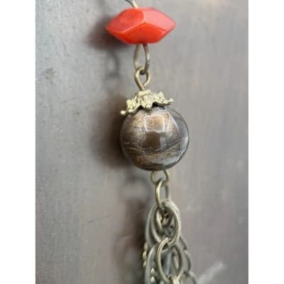 Vintage Bohemian Multi Strand Necklace Brass Beads Chains Red Accents Handmade - Thumbnail 5