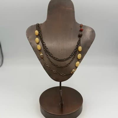 Vintage Bohemian Multi Strand Necklace Brass Beads Chains Red Accents Handmade - Thumbnail 3