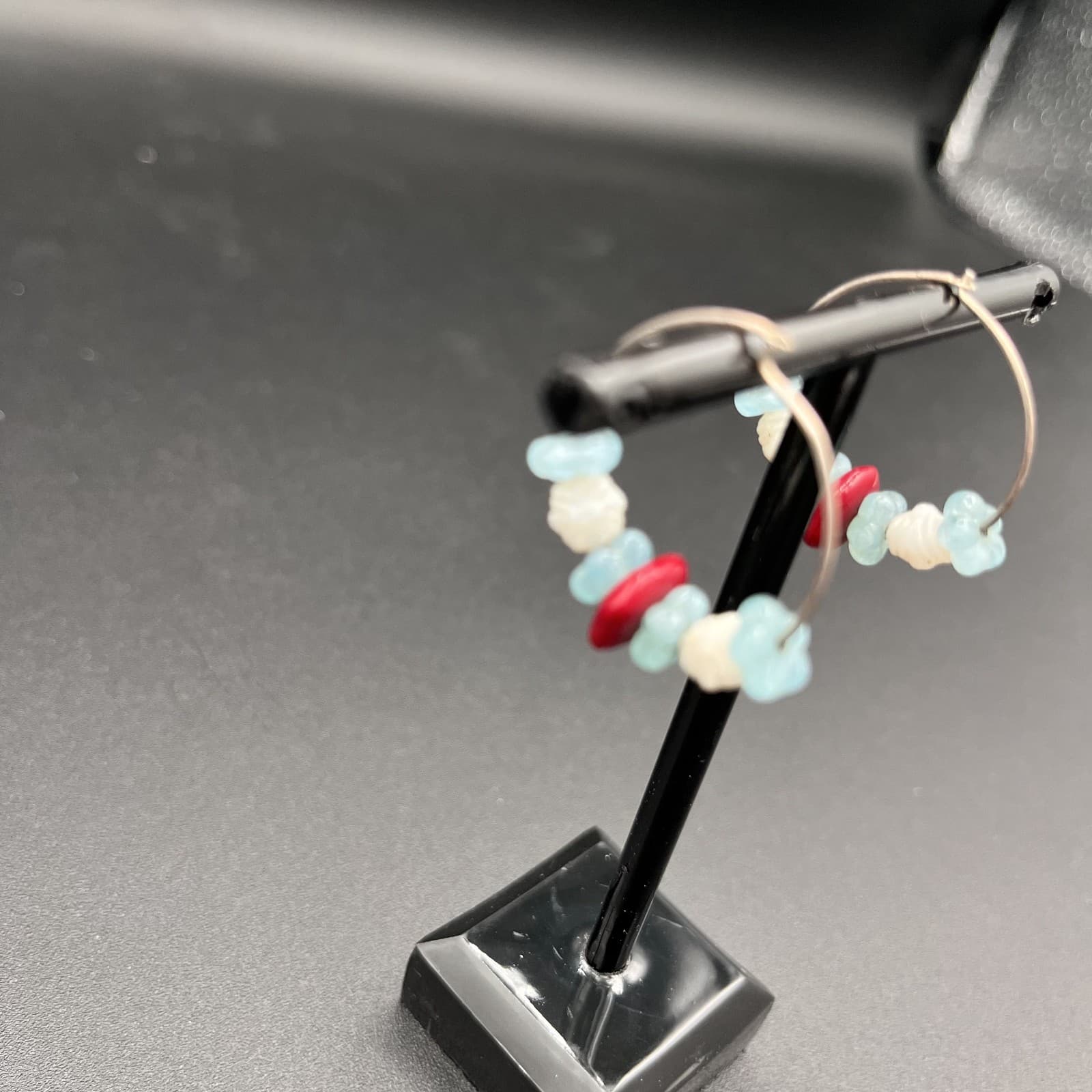 Vintage Hoop Earrings Silver Tone Multi Stone Red White Blue Handmade Dangle - Thumbnail 3