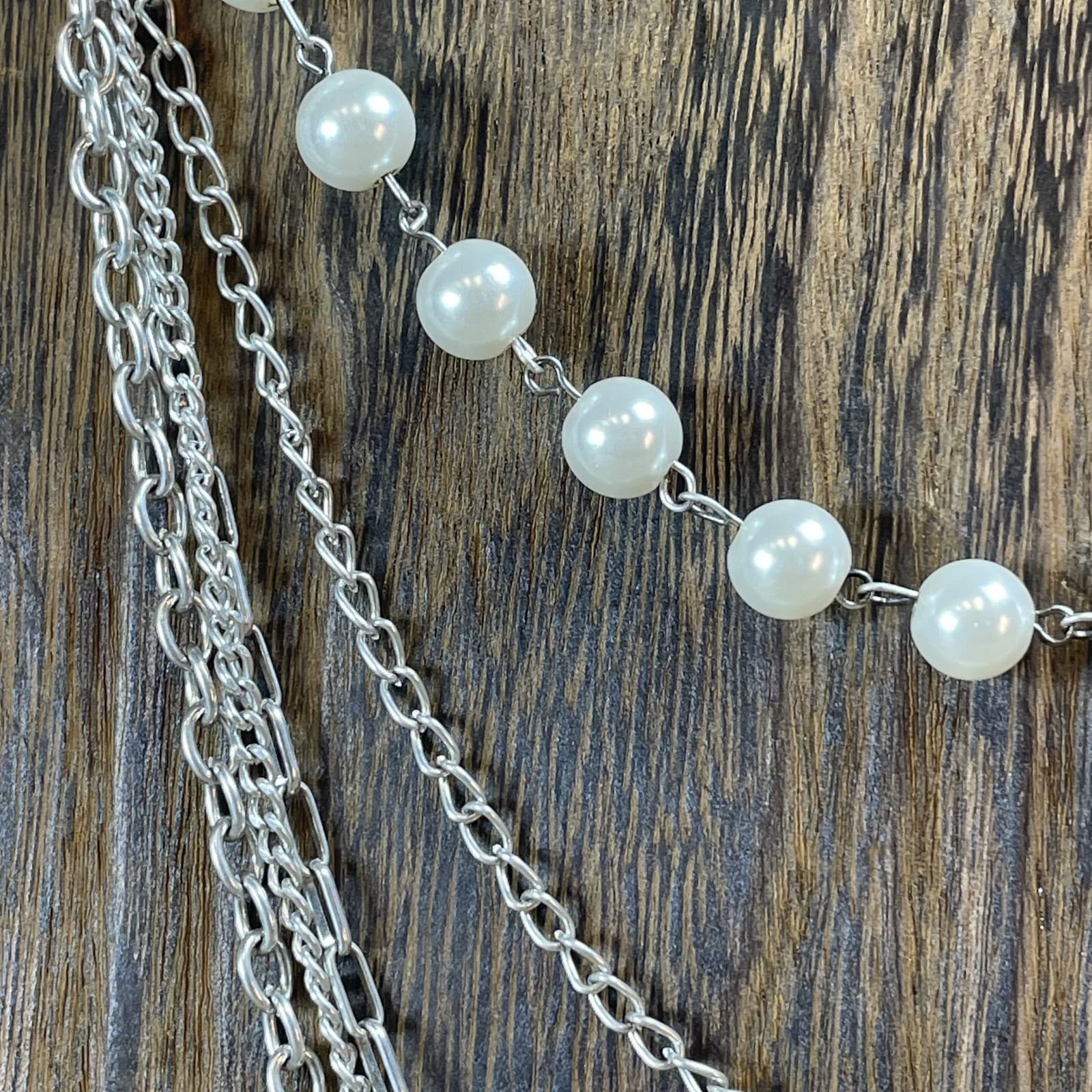 Vintage Multi-Layered Chain Necklace Faux Pearl Silver Tone White Stones - Thumbnail 2