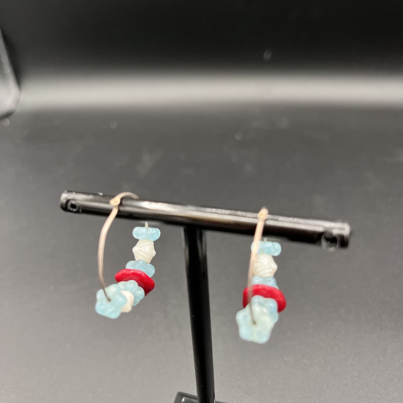 Vintage Hoop Earrings Silver Tone Multi Stone Red White Blue Handmade Dangle - Thumbnail 2