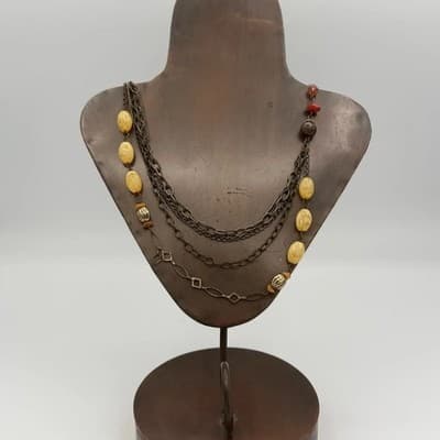 Vintage Bohemian Multi Strand Necklace Brass Beads Chains Red Accents Handmade