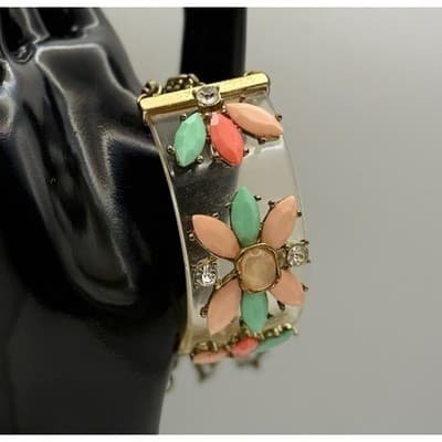 Vintage Floral Statement Bracelet Gold Tone Pastel Enamel Gemstones Spring 7.5''