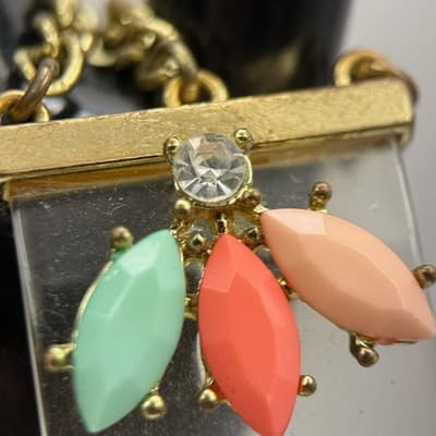 Vintage Floral Statement Bracelet Gold Tone Pastel Enamel Gemstones Spring 7.5'' - Thumbnail 2