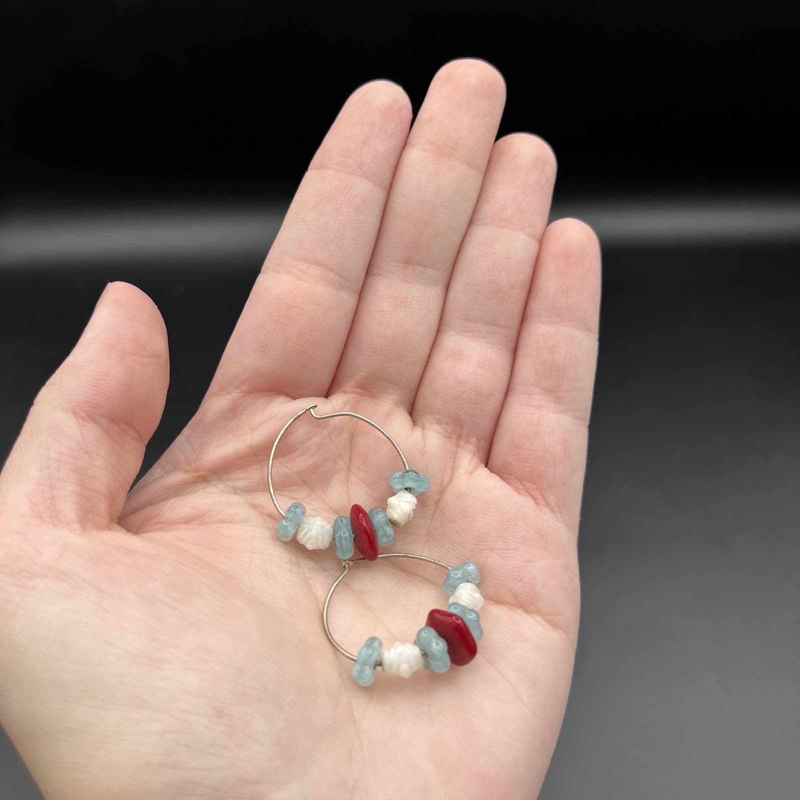 Vintage Hoop Earrings Silver Tone Multi Stone Red White Blue Handmade Dangle - Thumbnail 4