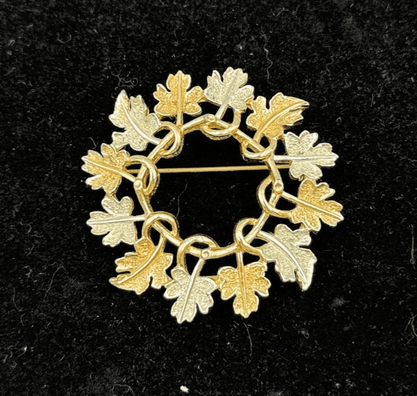 Vintage Two-Tone Oak Leaf Wreath Brooch Gold & Silver-Tone Fall Motif