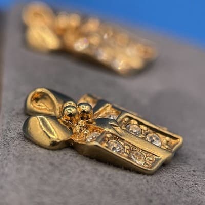 Vintage Gold Tone Crystal Gift Box Stud Small Earrings 17.5mm Clear Stone - Thumbnail 5