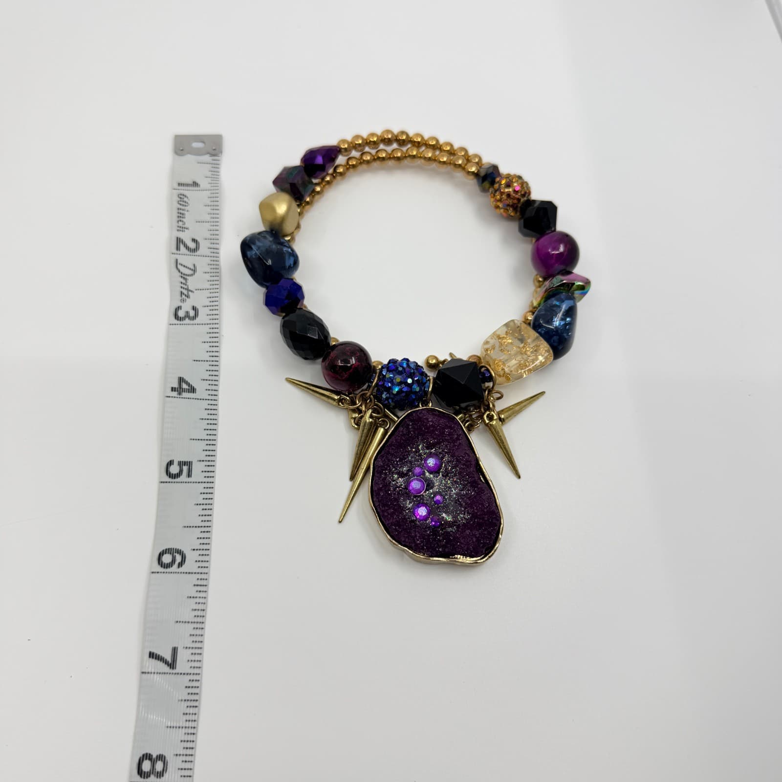 Vintage Chunky Purple FAUX Druzy Geode Pendant Necklace Gold Tone Spikes Bold - Thumbnail 7