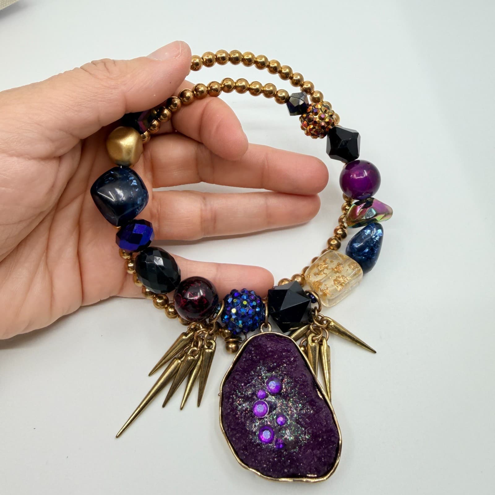 Vintage Chunky Purple FAUX Druzy Geode Pendant Necklace Gold Tone Spikes Bold - Thumbnail 6