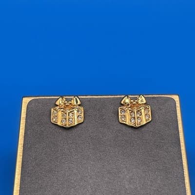 Vintage Gold Tone Crystal Gift Box Stud Small Earrings 17.5mm Clear Stone - Thumbnail 3