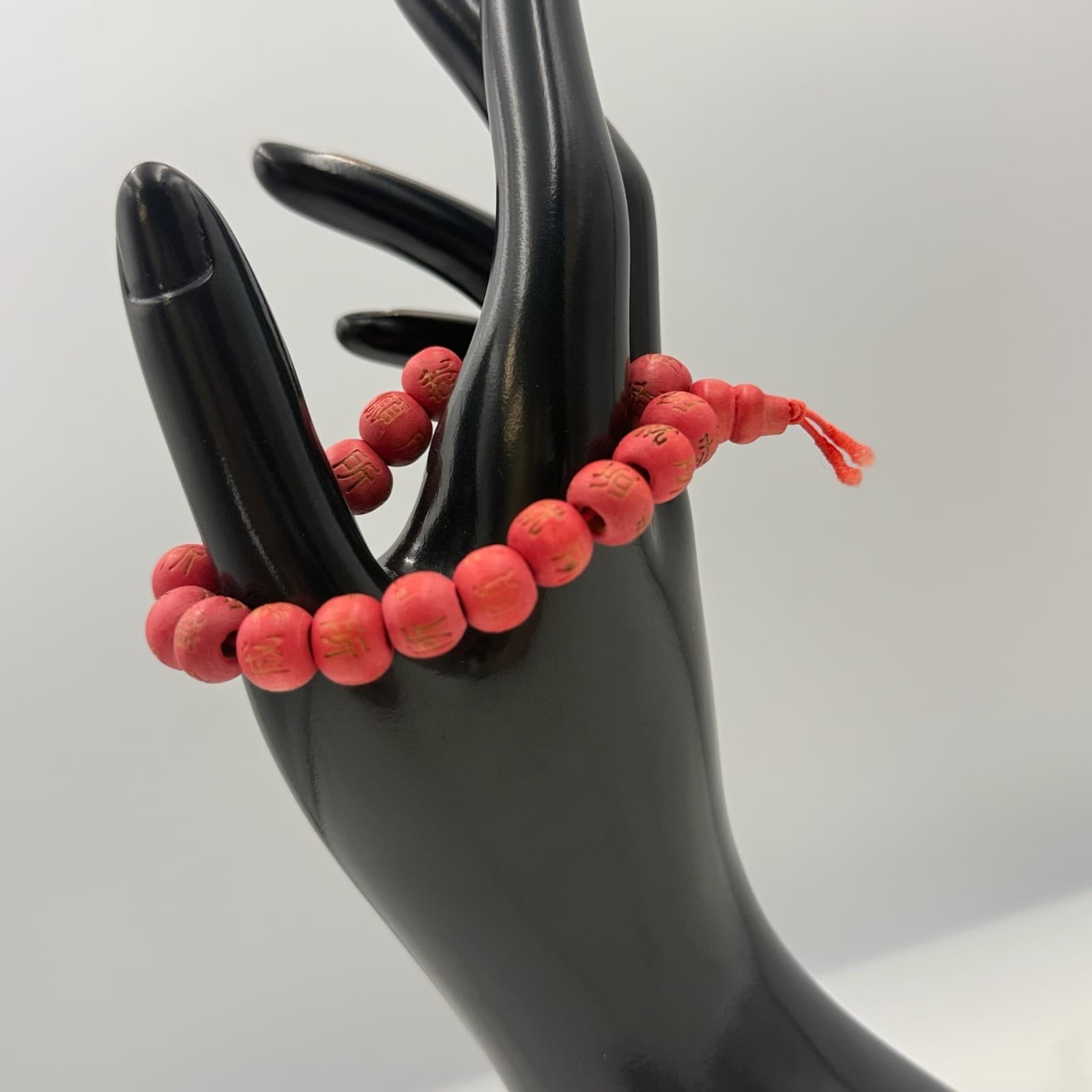 Vintage Handmade Women Red Wooden Stretch Carved Symbols Prayer Bead Fashion
