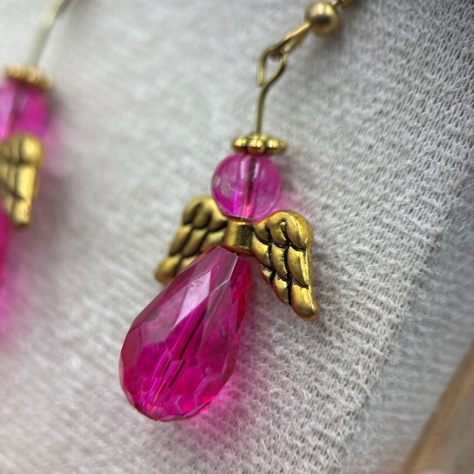 Pink Crystal Angel Earrings Gold-Tone Wings Holiday Gift Dangle Style - Thumbnail 5