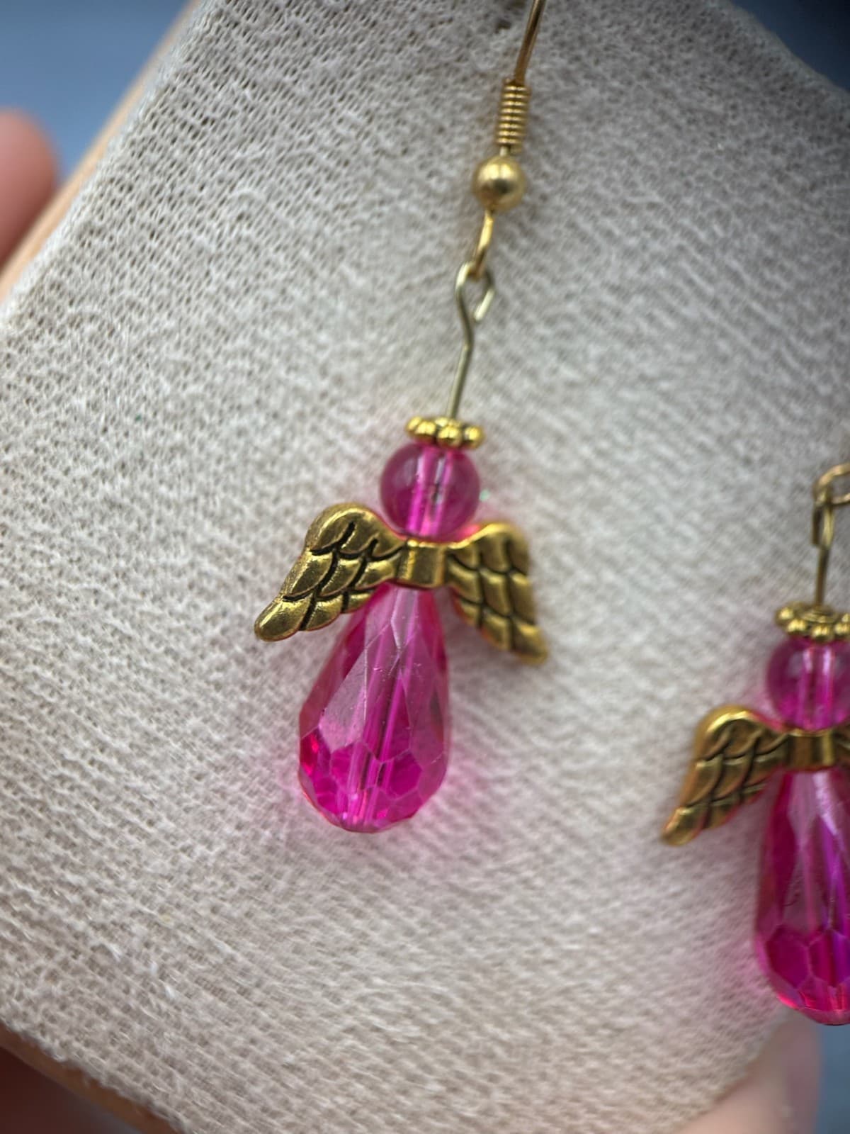 Pink Crystal Angel Earrings Gold-Tone Wings Holiday Gift Dangle Style - Thumbnail 4
