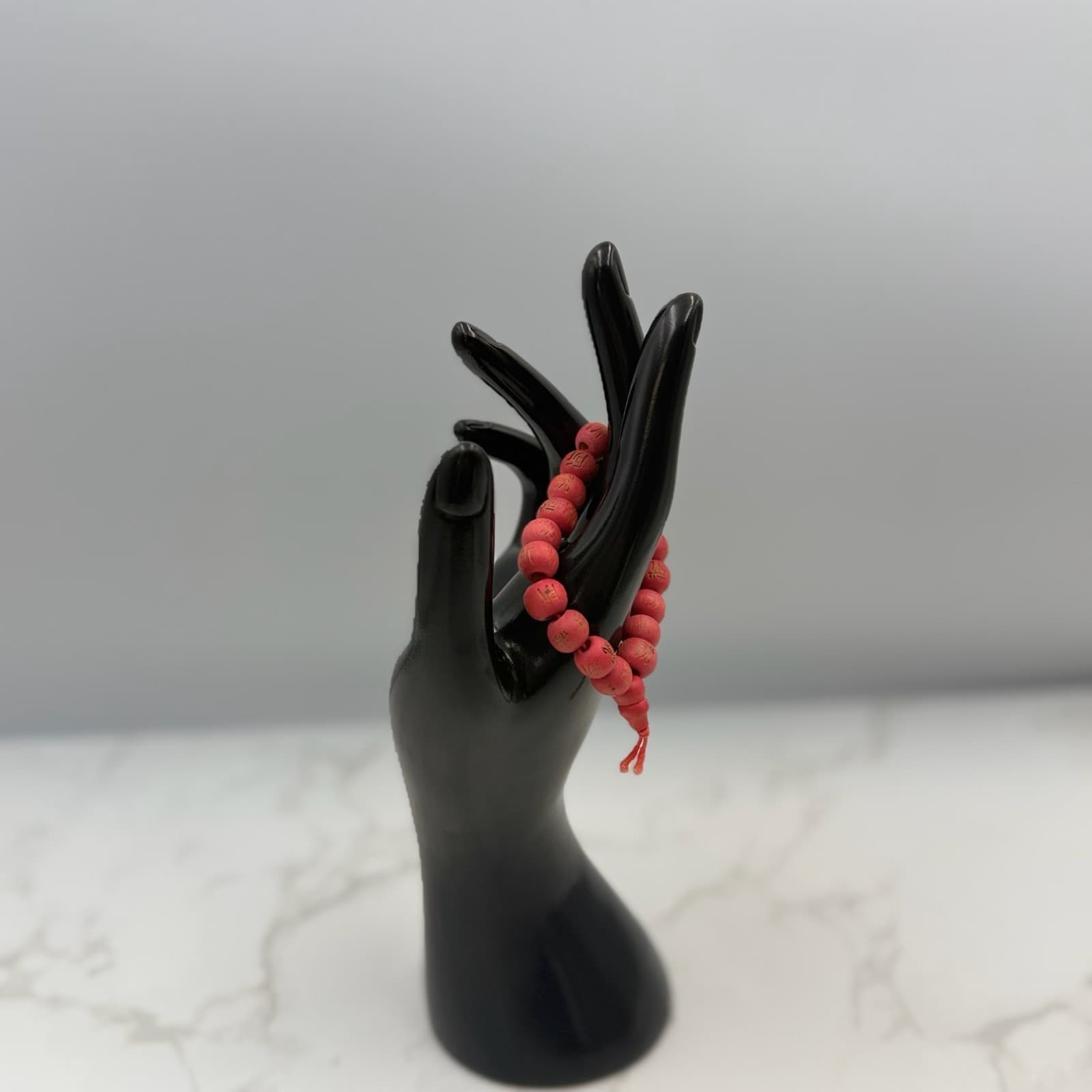 Vintage Handmade Women Red Wooden Stretch Carved Symbols Prayer Bead Fashion - Thumbnail 4