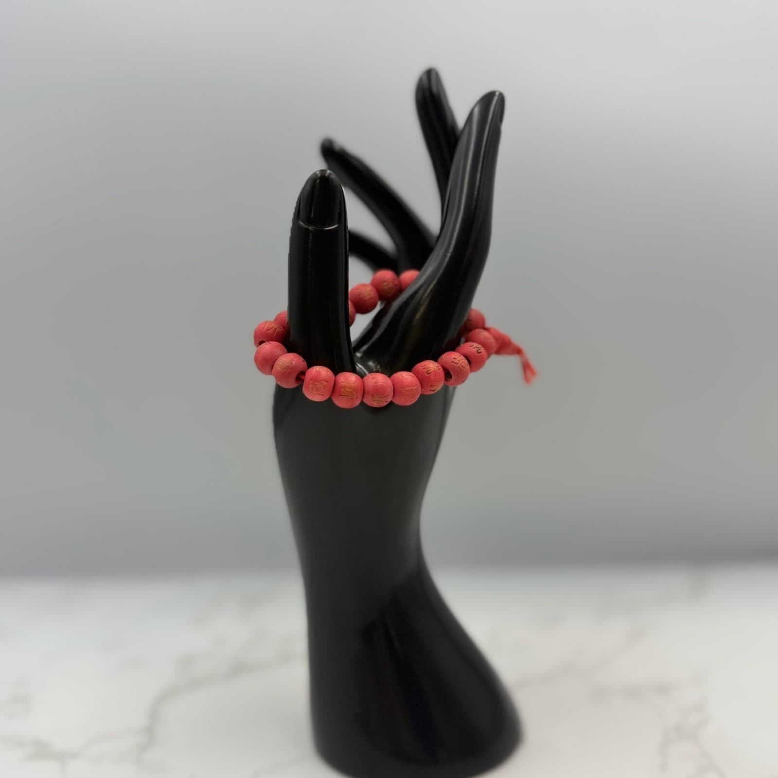 Vintage Handmade Women Red Wooden Stretch Carved Symbols Prayer Bead Fashion - Thumbnail 2