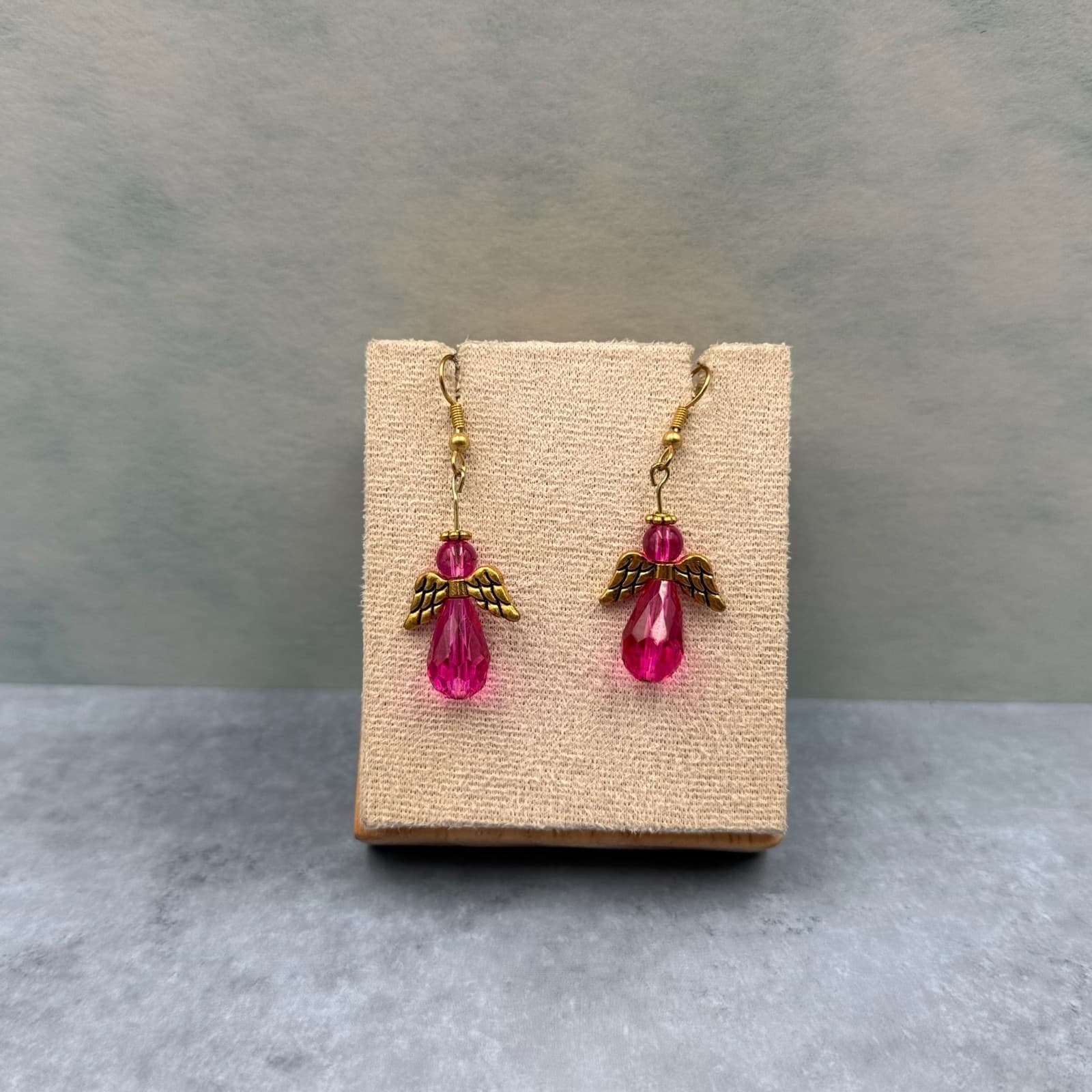 Pink Crystal Angel Earrings Gold-Tone Wings Holiday Gift Dangle Style