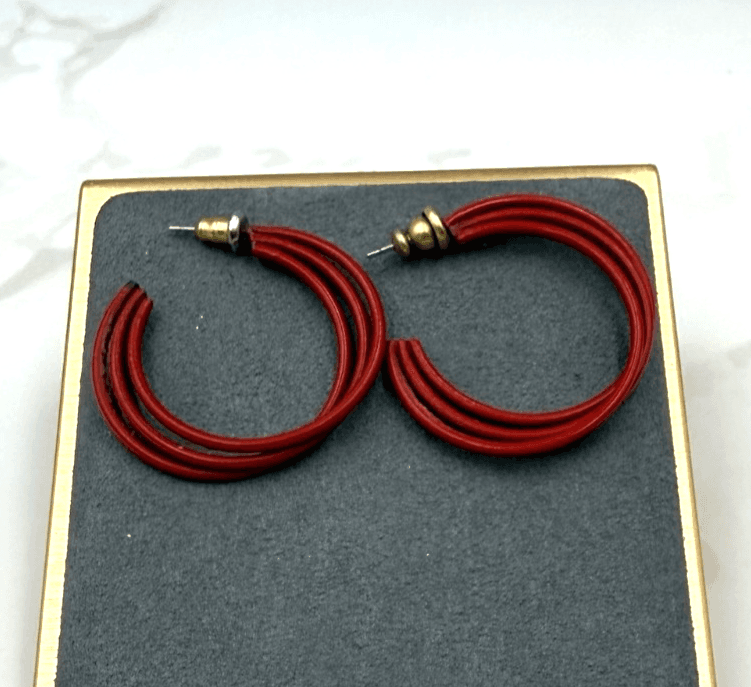 Vintage Red Triple Intertwined Silver Gold-Toned Retro Clip-On Hoop Earrings