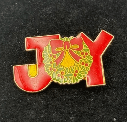 Vintage Enamel “JOY” Christmas Pin w/ Wreath & Bow Holiday Brooch