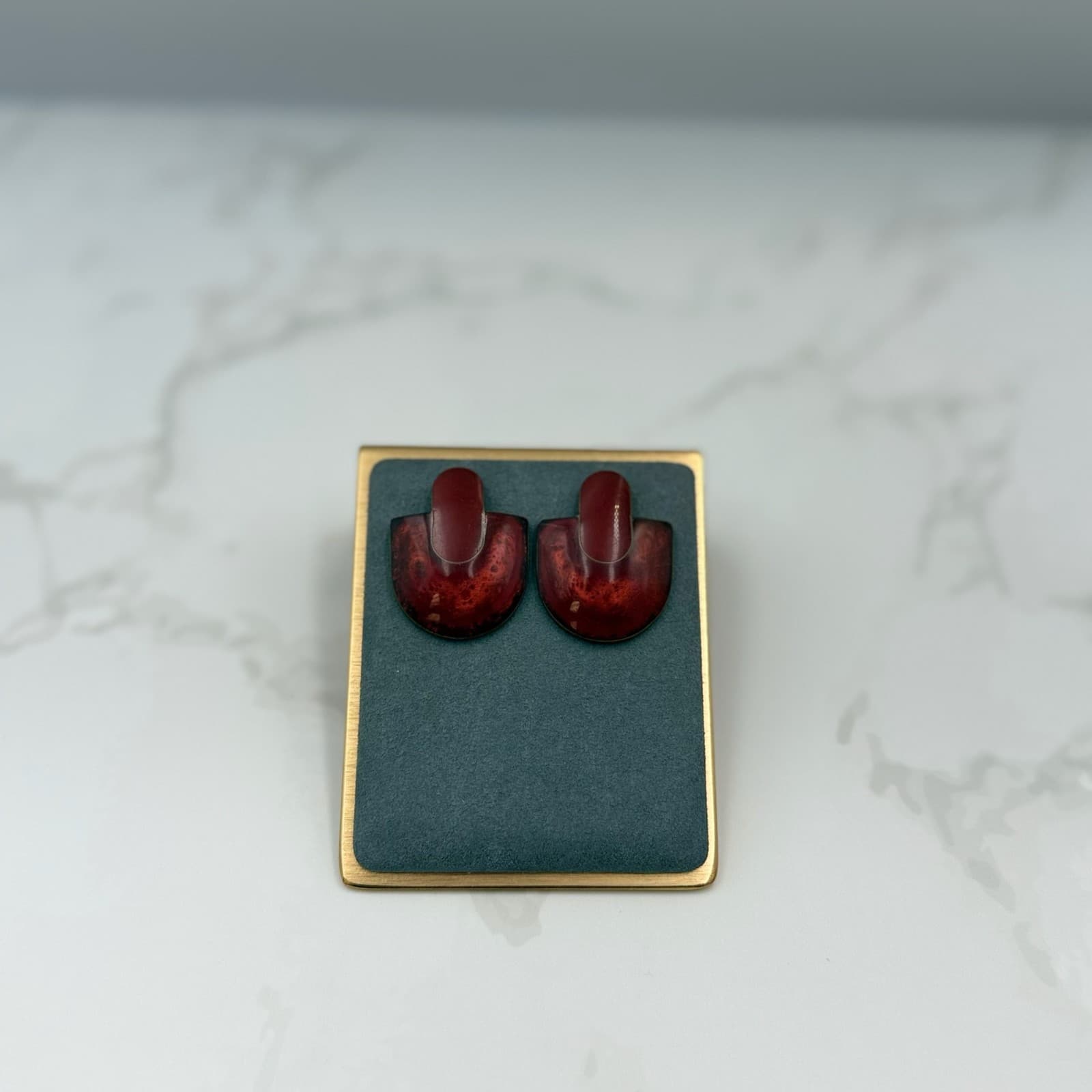 Vintage Womens Red Marbled Resin Geometric Half-Moon Fashion Jewelry Earrings - Thumbnail 2