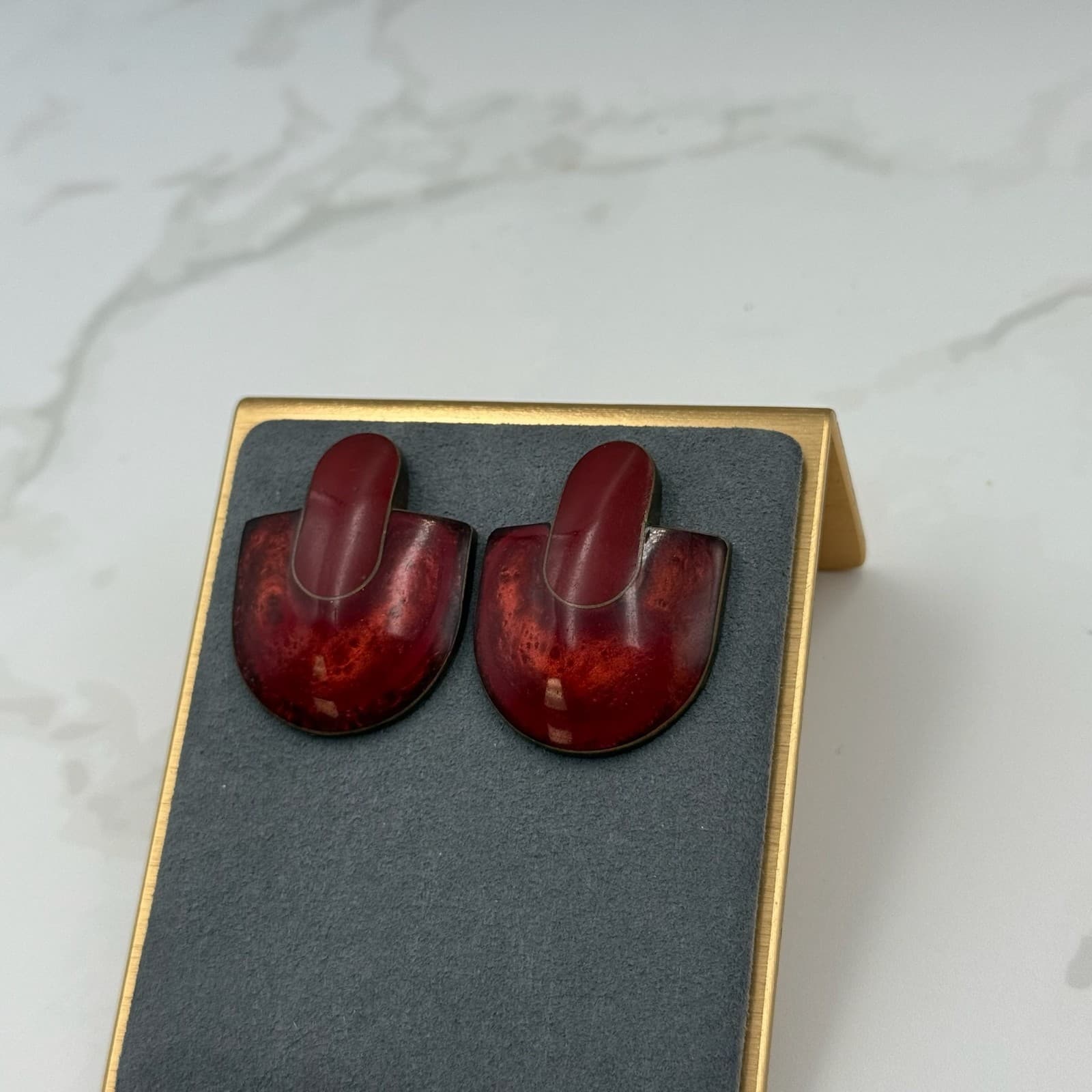 Vintage Womens Red Marbled Resin Geometric Half-Moon Fashion Jewelry Earrings - Thumbnail 3