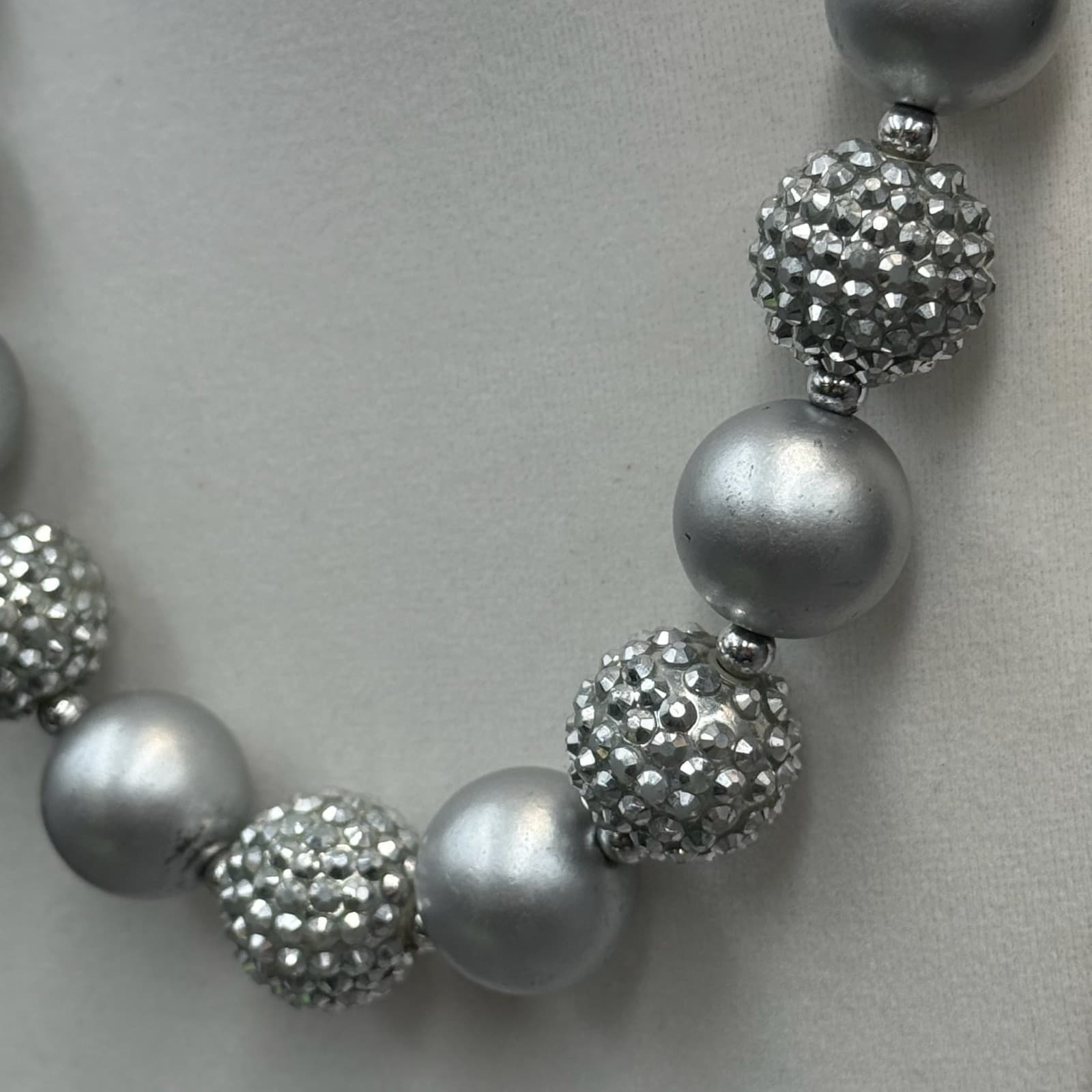 Vintage Chunky Bead Choker Silver Gray Matte Pave Ball Necklace Heart Clasp 16" - Thumbnail 2