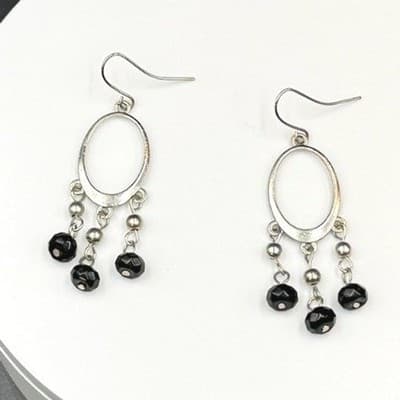 Vintage Victorian Revival Silver Tone Black Faceted Bead Dangle Hoop Chandelier