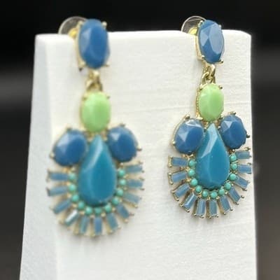 Vintage Beaded Stone Teardrop Gold Tone Chic Boho Stud Drop Chandelier Earrings