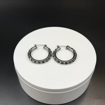Vintage Etched Pattern Silver-Toned Fashion Collectible Huggie Hoop Earrings - Thumbnail 2