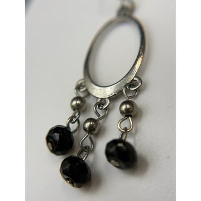 Vintage Victorian Revival Silver Tone Black Faceted Bead Dangle Hoop Chandelier - Thumbnail 10