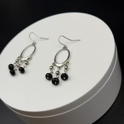 Vintage Victorian Revival Silver Tone Black Faceted Bead Dangle Hoop Chandelier - Thumbnail 6
