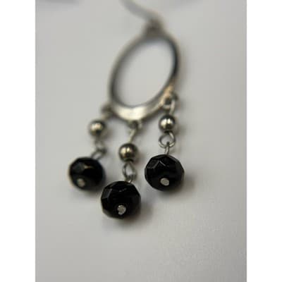 Vintage Victorian Revival Silver Tone Black Faceted Bead Dangle Hoop Chandelier - Thumbnail 8