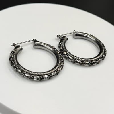 Vintage Etched Pattern Silver-Toned Fashion Collectible Huggie Hoop Earrings