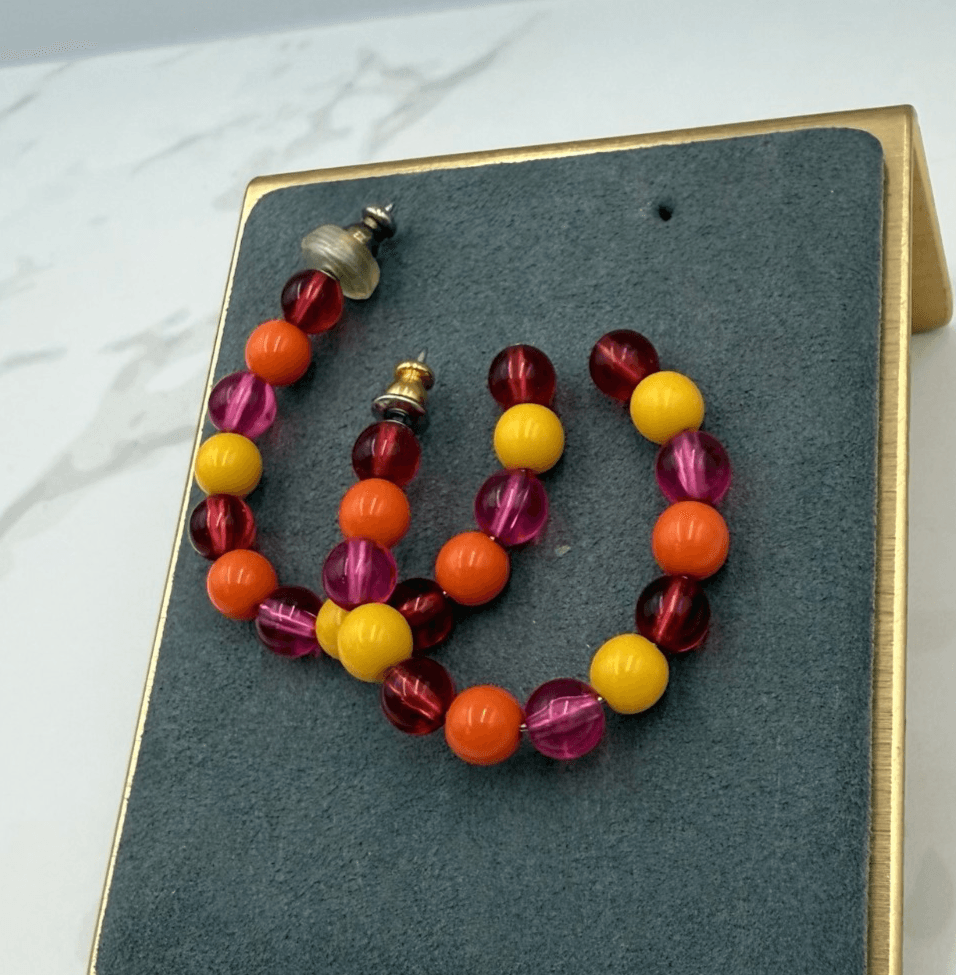 Vintage West German Silver Gold-Toned Multicolored Cube Beaded Hoop Earrings