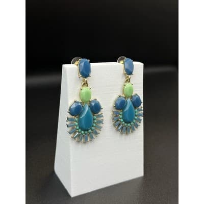 Vintage Beaded Stone Teardrop Gold Tone Chic Boho Stud Drop Chandelier Earrings - Thumbnail 6