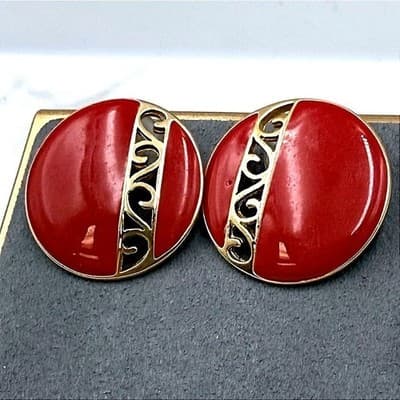 Vintage Monet Red Gold-Toned Classic Fashion Retro Enamel Clip-On Stud Earrings