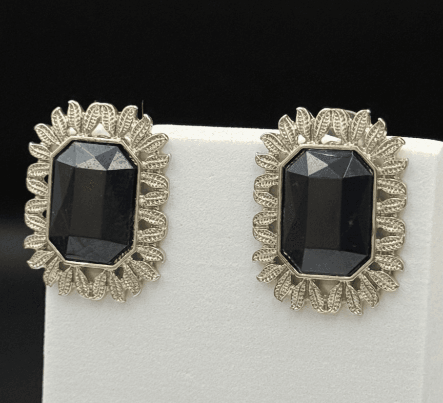 Vintage Womens Silver Pleated Black Rhinestone Fashion Wedding Earrings