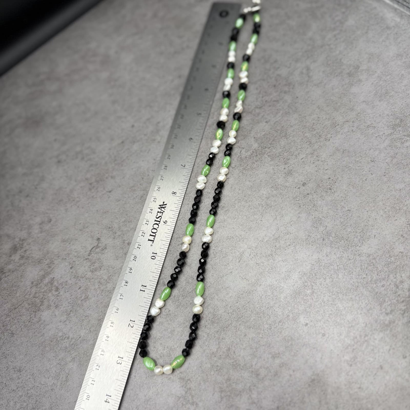 Vintage Black Green Glass & Faux Pearl Bead Necklace Mod Retro Chic - Thumbnail 11