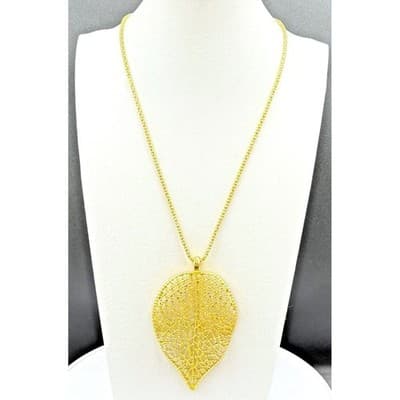 VTG Gold Leaf Filigree Pendant Necklace Boho Statement Chain Y2K Style - Thumbnail 2