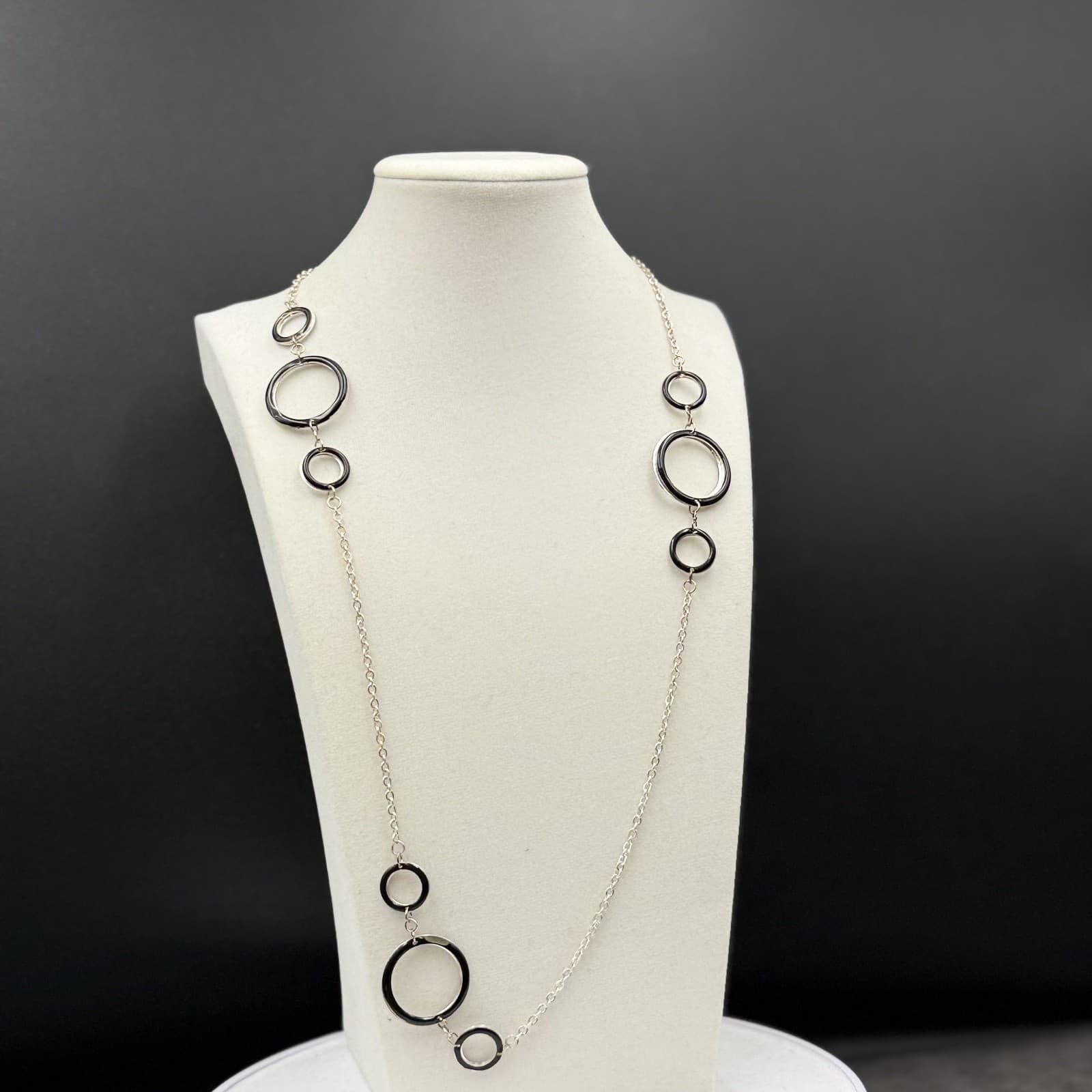 Vintage Silver Black Enamel Open Circle Necklace Modern Minimalist Chic - Thumbnail 4