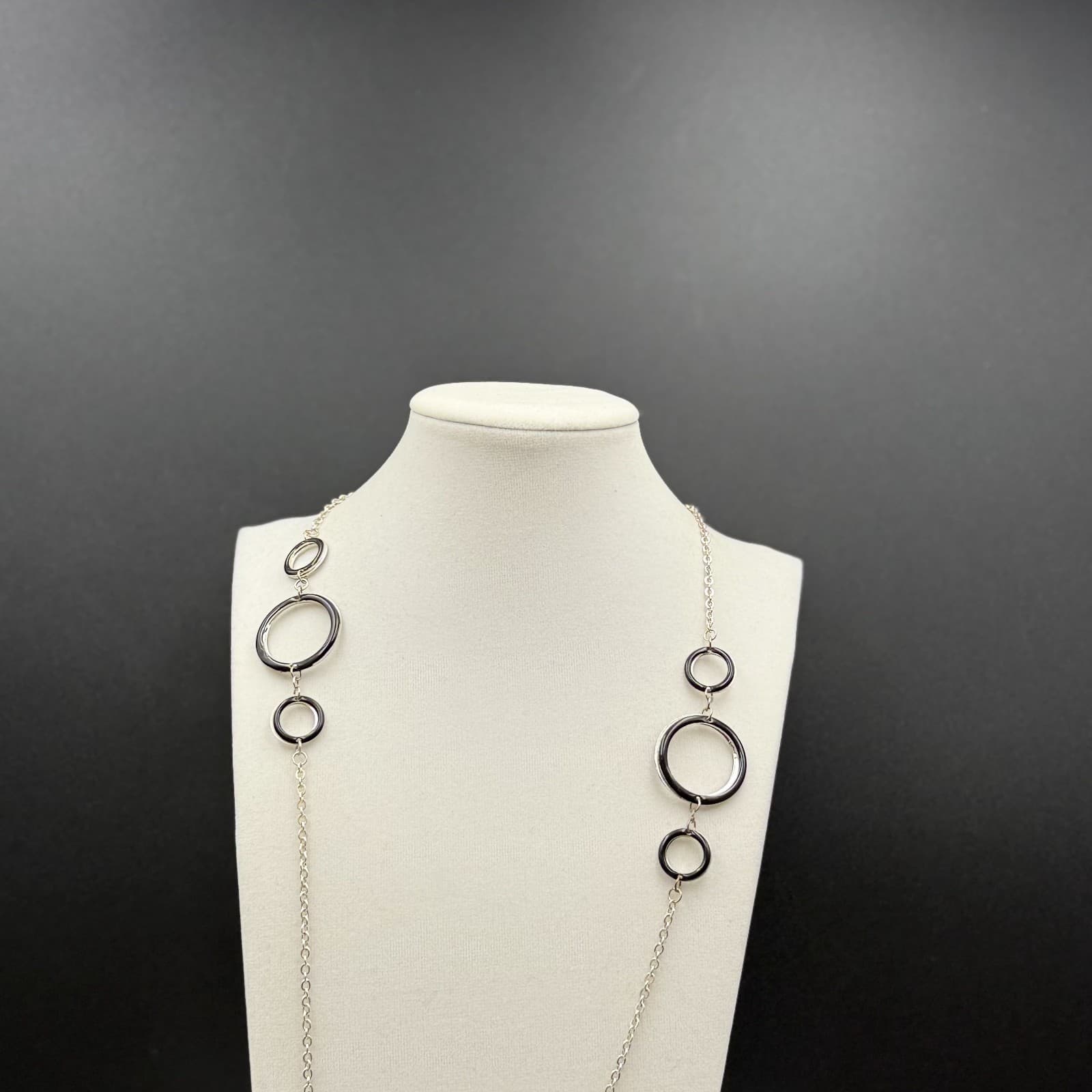 Vintage Silver Black Enamel Open Circle Necklace Modern Minimalist Chic - Thumbnail 3